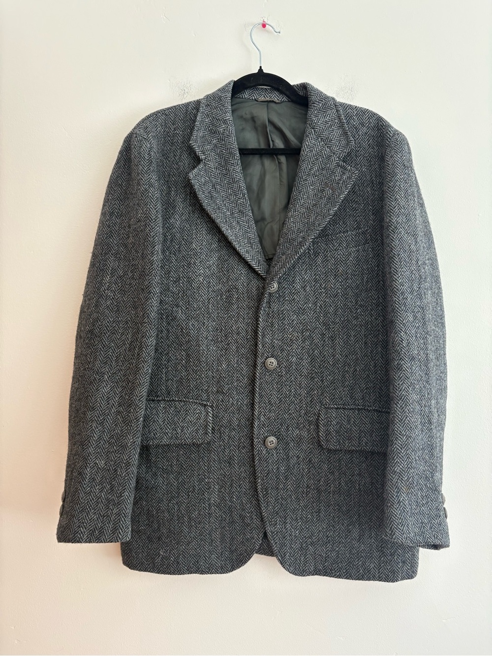 Vintage 100% Scottish Wool Harris Tweed Blazer Jacket Navy Herringbone 42 LONG